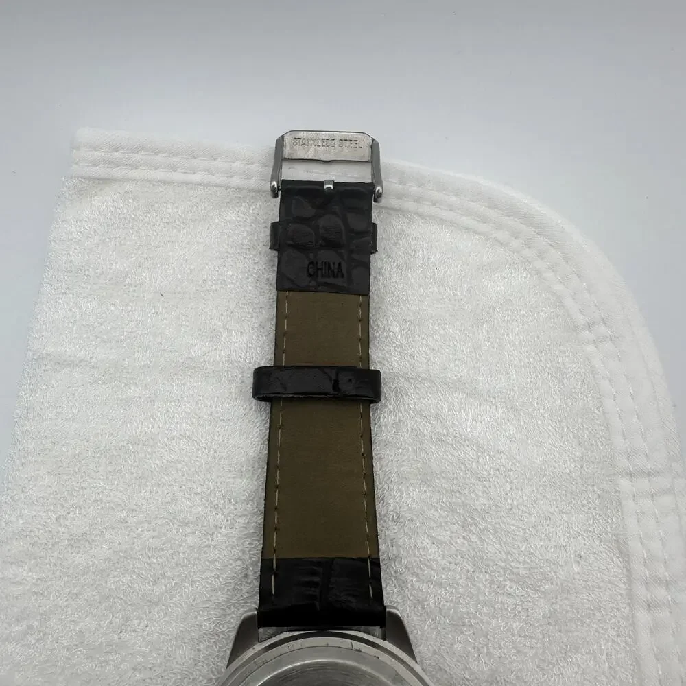 Merona FMDM233 Quartz Watch Silver Tone Case Cream Dial Black Strap